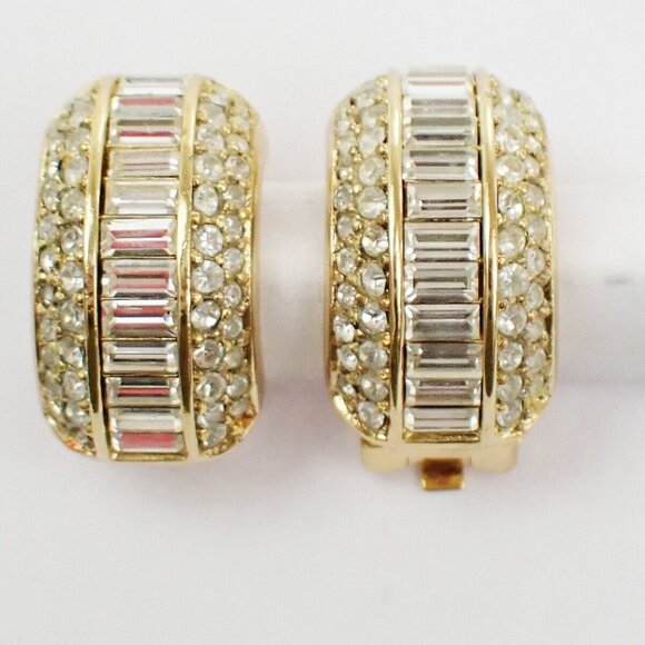 CHRISTIAN DIOR Logo Rhinestone Earrings Clip-On Gold Accesory - Picture 1 of 8